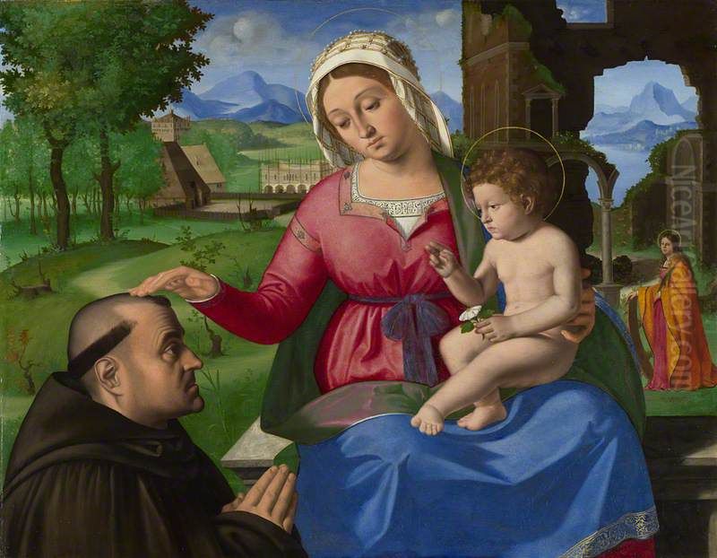 The Virgin and Child with a Supplicant Oil Painting by Andrea Previtali