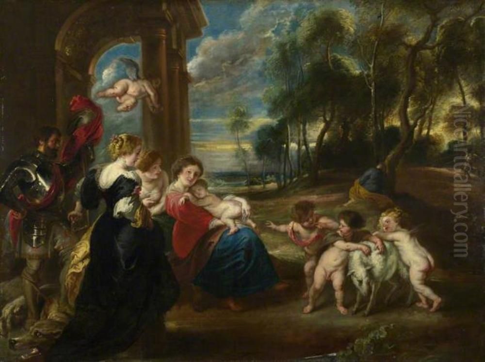 The Holy Family with Saints in a Landscape Oil Painting by (studio of) Rubens, Peter Paul