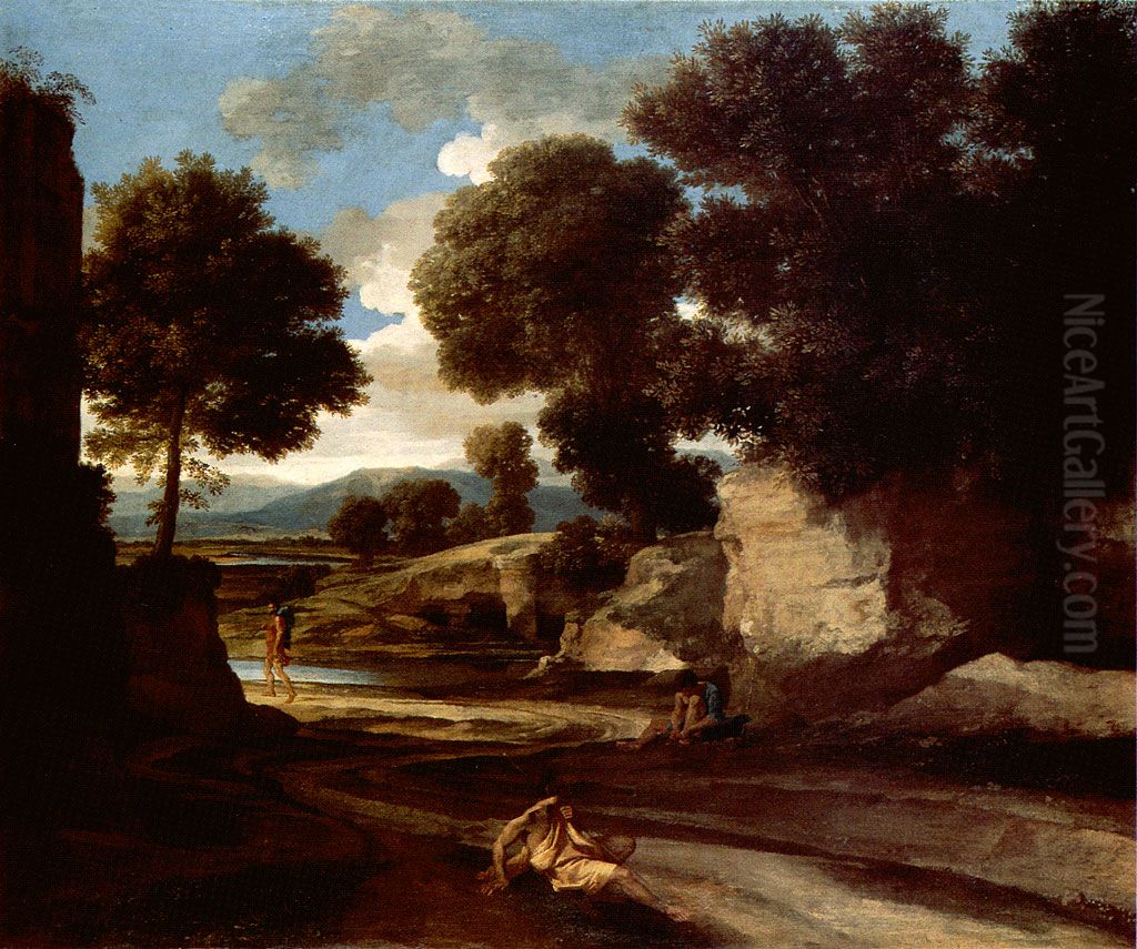 Paysage avec des voyageurs au repos Oil Painting by Nicolas Poussin
