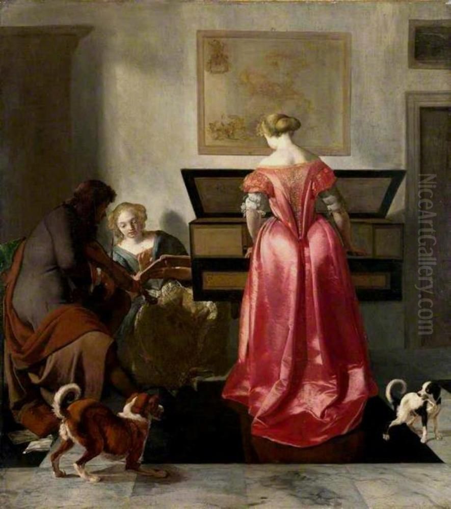 Two Women and a Man making Music Oil Painting by Jacob Ochtervelt