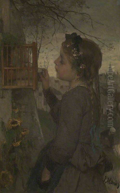 A Girl feeding a Bird in a Cage Oil Painting by Jacob Maris