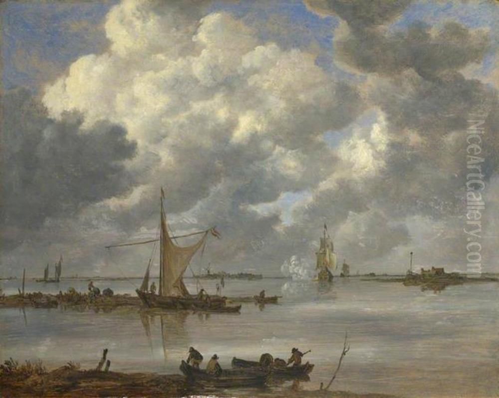 An Estuary with Fishing Boats and Two Frigates Oil Painting by Jan van Goyen