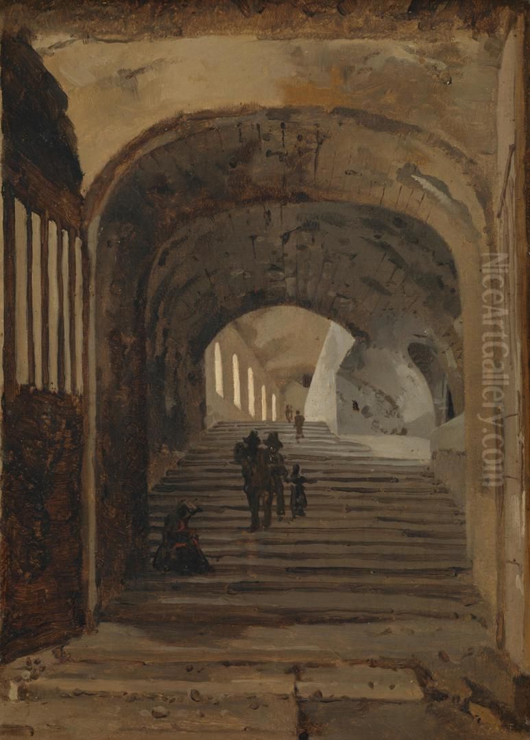 Staircase in the Villa of Maecenas, Tivoli Oil Painting by Jean-Baptiste Camille Corot