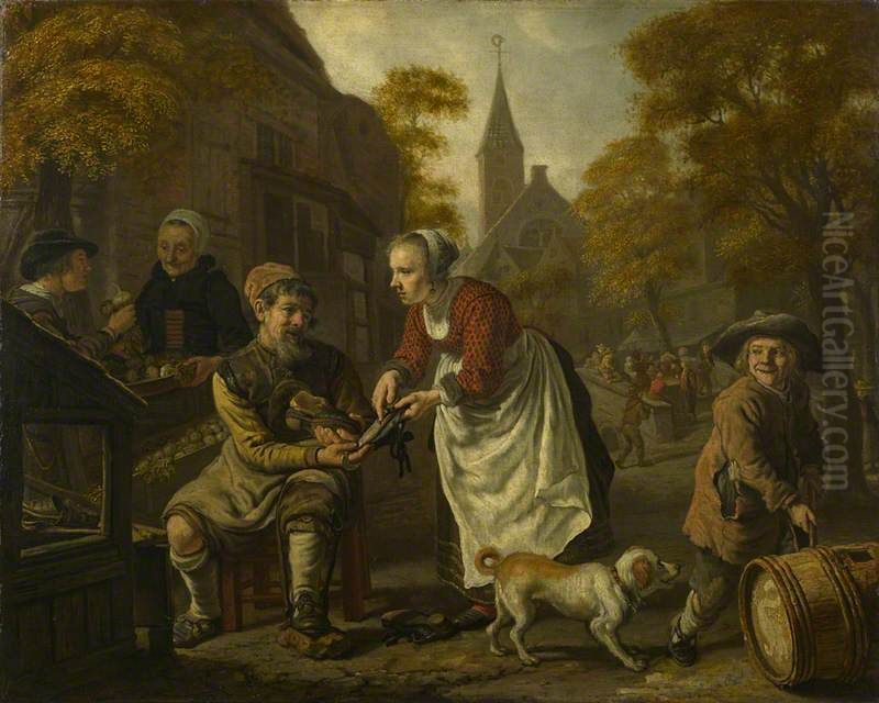A Village Scene with a Cobbler Oil Painting by Jan Victors