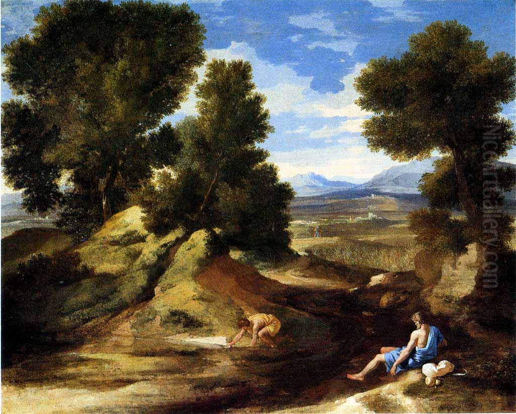 Landscape with a Man DrinkingorLandscape with a Man scooping Water from a Stream Oil Painting by Nicolas Poussin