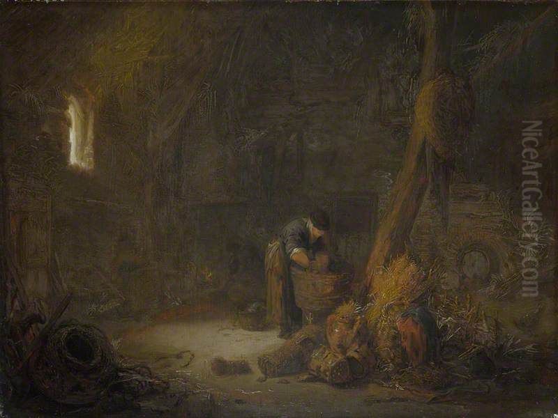 The Interior of a Barn with Two Peasants Oil Painting by Isaac Van Ostade