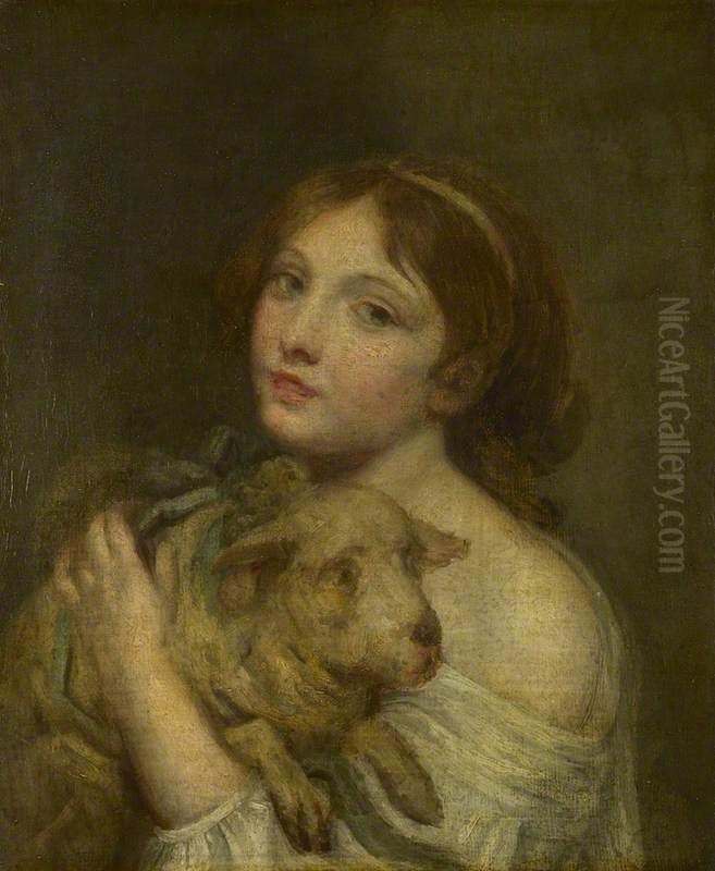 A Girl with a Lamb Oil Painting by Jean-Baptiste Greuze