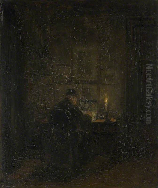 An Old Man writing by Candlelight Oil Painting by Jozef Israels