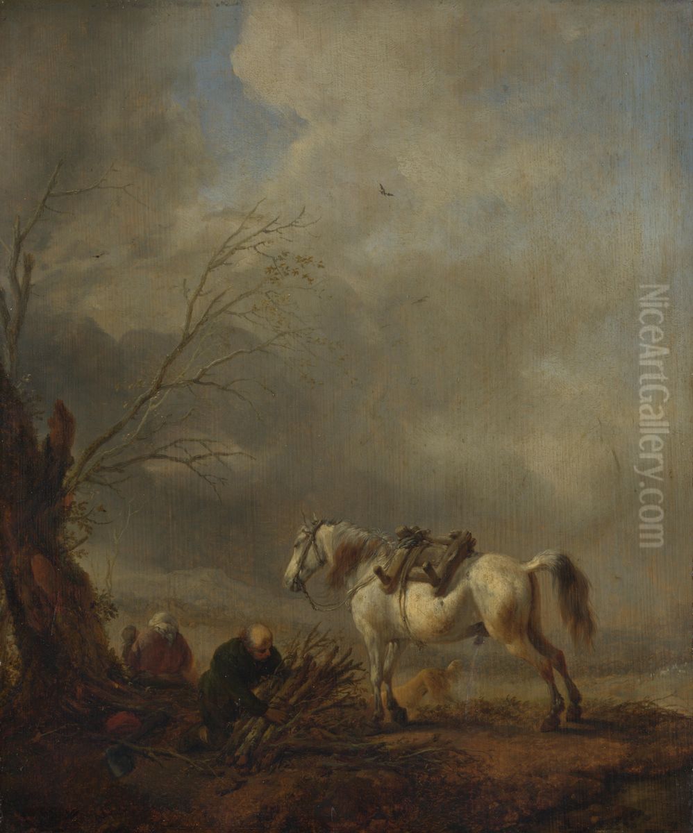 A White Horse, and an Old Man binding Faggots / Horse with pack saddle Oil Painting by Philips Wouwerman