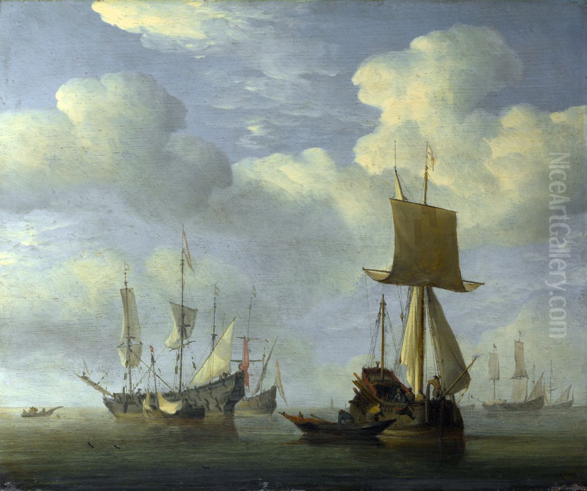 An English Vessel and Dutch Ships Becalmed Oil Painting by Willem van de Velde the Younger