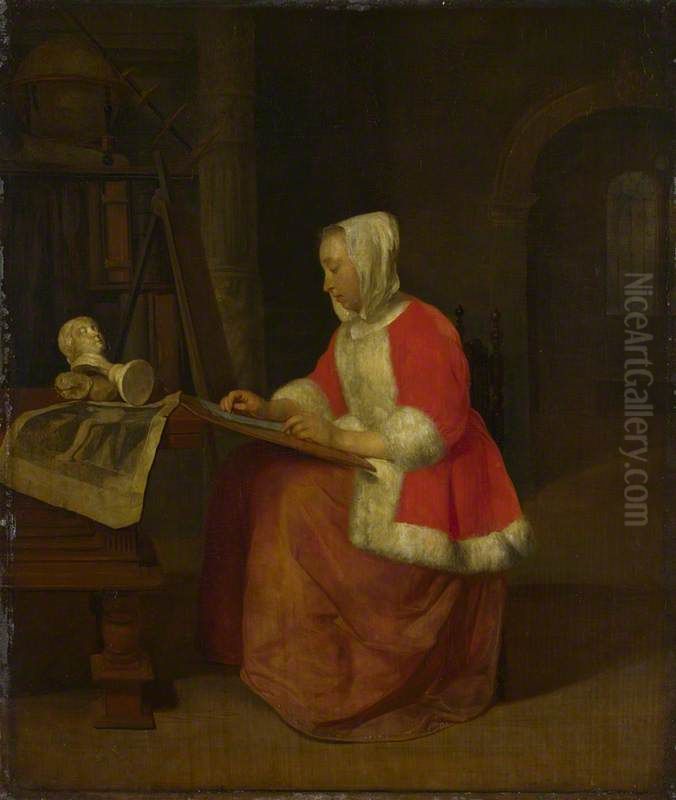 A Young Woman seated drawing Oil Painting by Gabriel Metsu