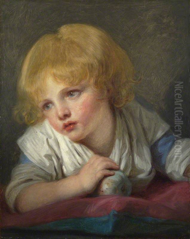 A Child with an Apple Oil Painting by Jean-Baptiste Greuze