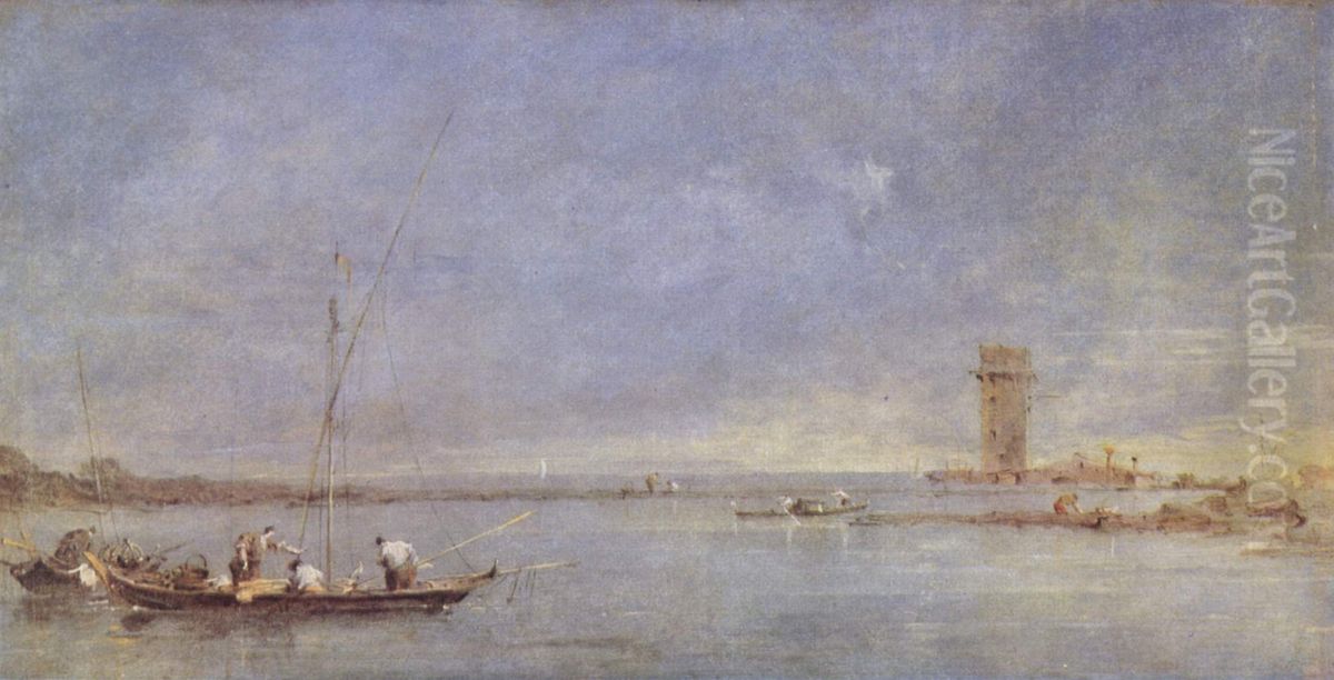 View of the Venetian Lagoon with the Tower of Malghera Oil Painting by Francesco Guardi