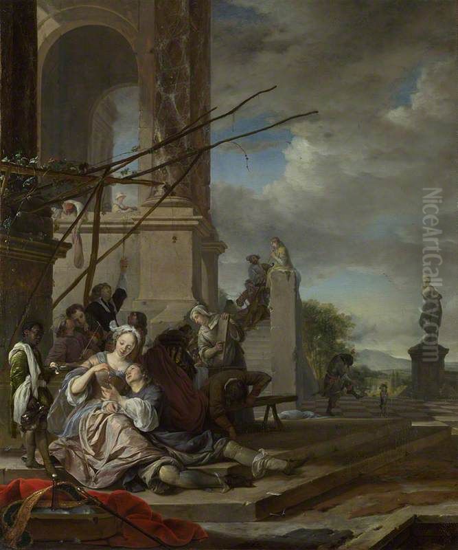 An Italian Courtyard Oil Painting by Jan Weenix