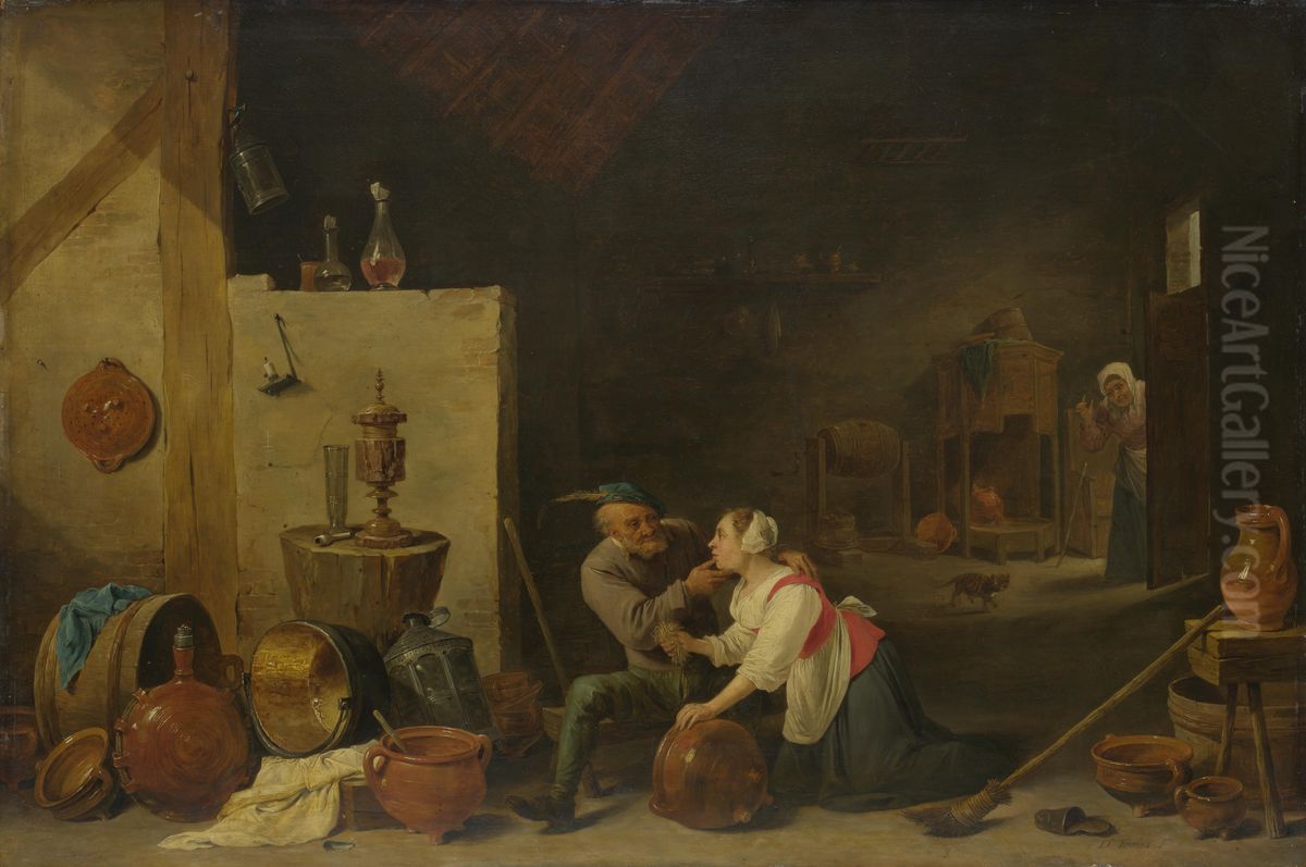 An Old Peasant caresses a Kitchen Maid in a Stable Oil Painting by David Teniers the Younger