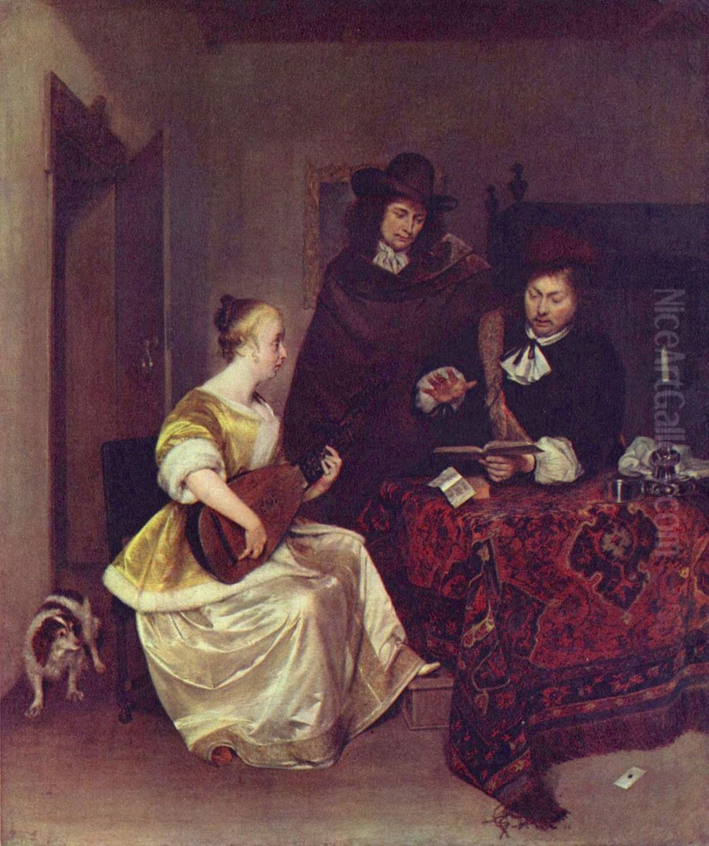 A Woman playing a Theorbo to Two Men Oil Painting by Gerard Ter Borch