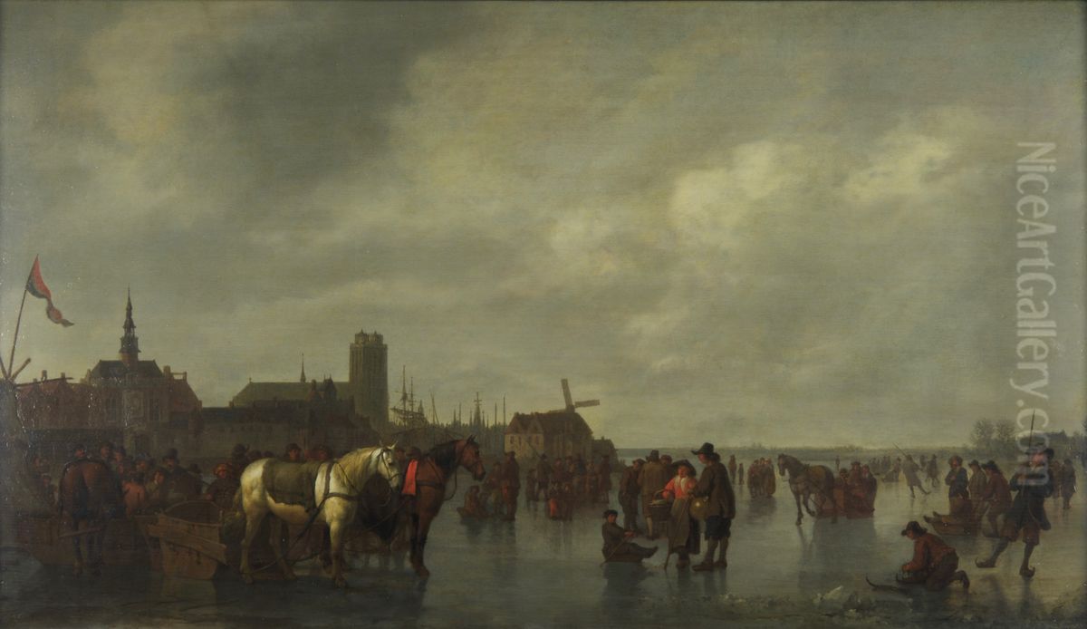 Scene on the Ice outside Dordrecht Oil Painting by Abraham Van Calraet