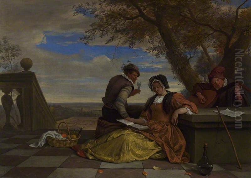 Two Men and a Woman on a Terrace Oil Painting by Jan Steen
