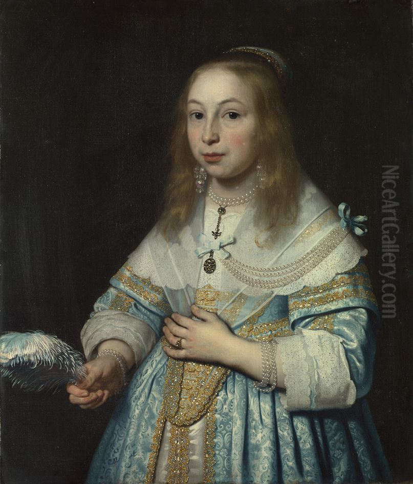 Portrait of a Girl in Pale Blue with an Ostrich Feather Fan Oil Painting by Bartholomeus Van Der Helst