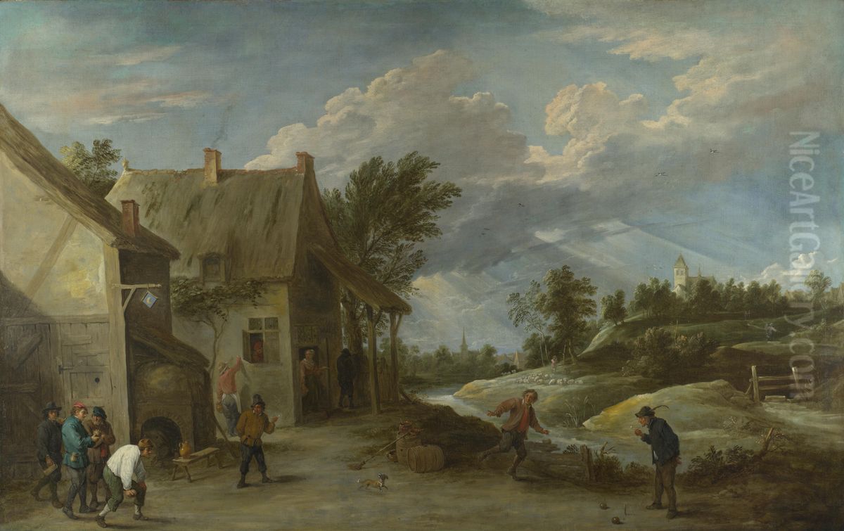 Peasants playing Bowls outside a Village Inn Oil Painting by David Teniers the Younger