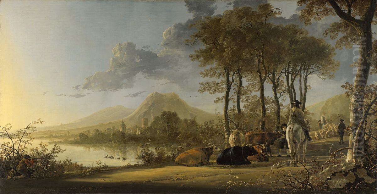 River Landscape with Horseman and Peasants Oil Painting by Aelbert Cuyp