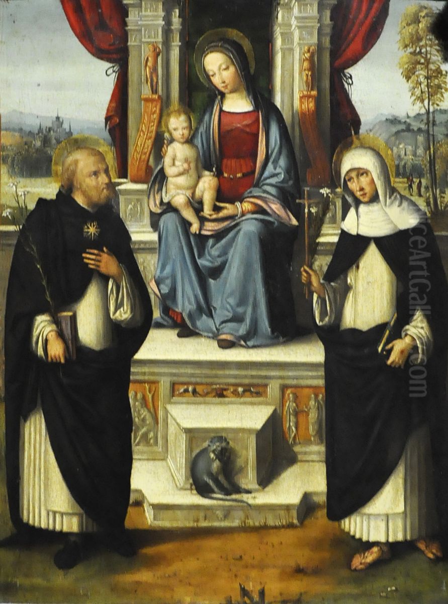 The Virgin and Child with Saints Dominic and Catherine of Siena Oil Painting by Benvenuto Tisi
