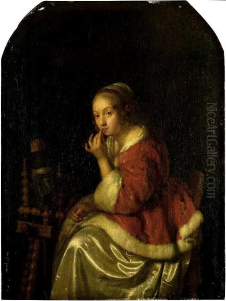 A Lady at a Spinning-wheel Oil Painting by Caspar Netscher