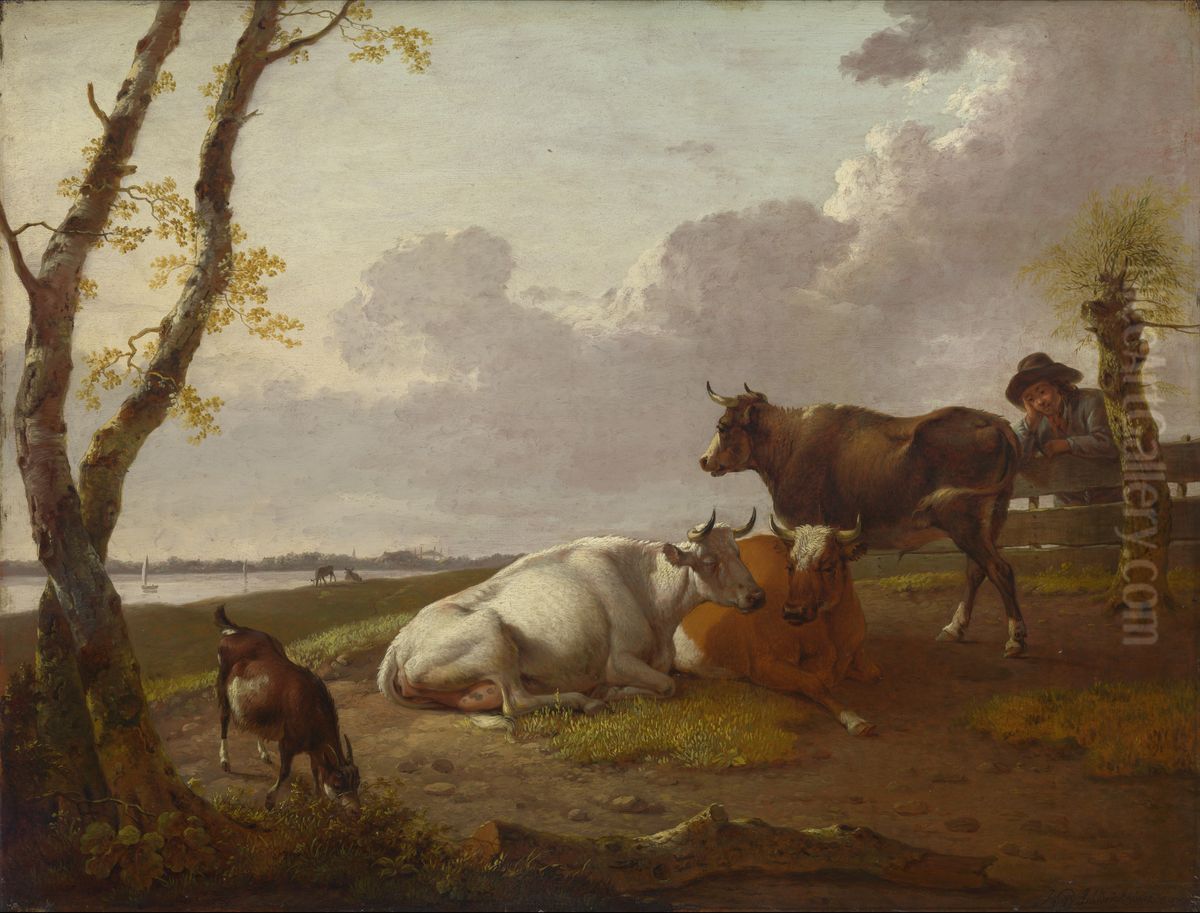Cattle Oil Painting by Hendrik Willem Schweickhardt