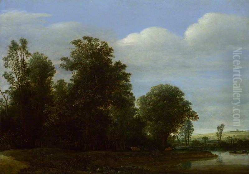 A Landscape with a River by a Wood Oil Painting by Cornelis Hendricksz. The Younger Vroom
