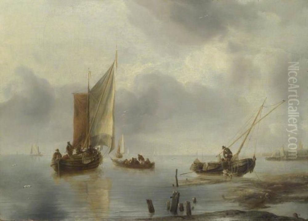 A Small Vessel in Light Airs, and Another Ashore Oil Painting by Jan Van De Cappelle