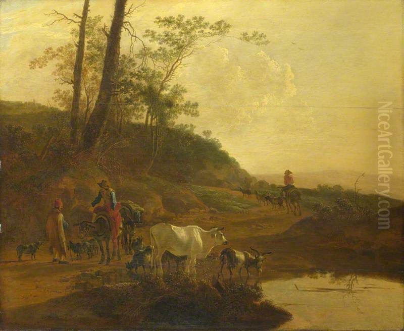 Men with an Ox and Cattle by a Pool Oil Painting by Jan Both