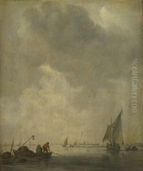 A River Scene, with Fishermen laying a Net Oil Painting by Jan van Goyen