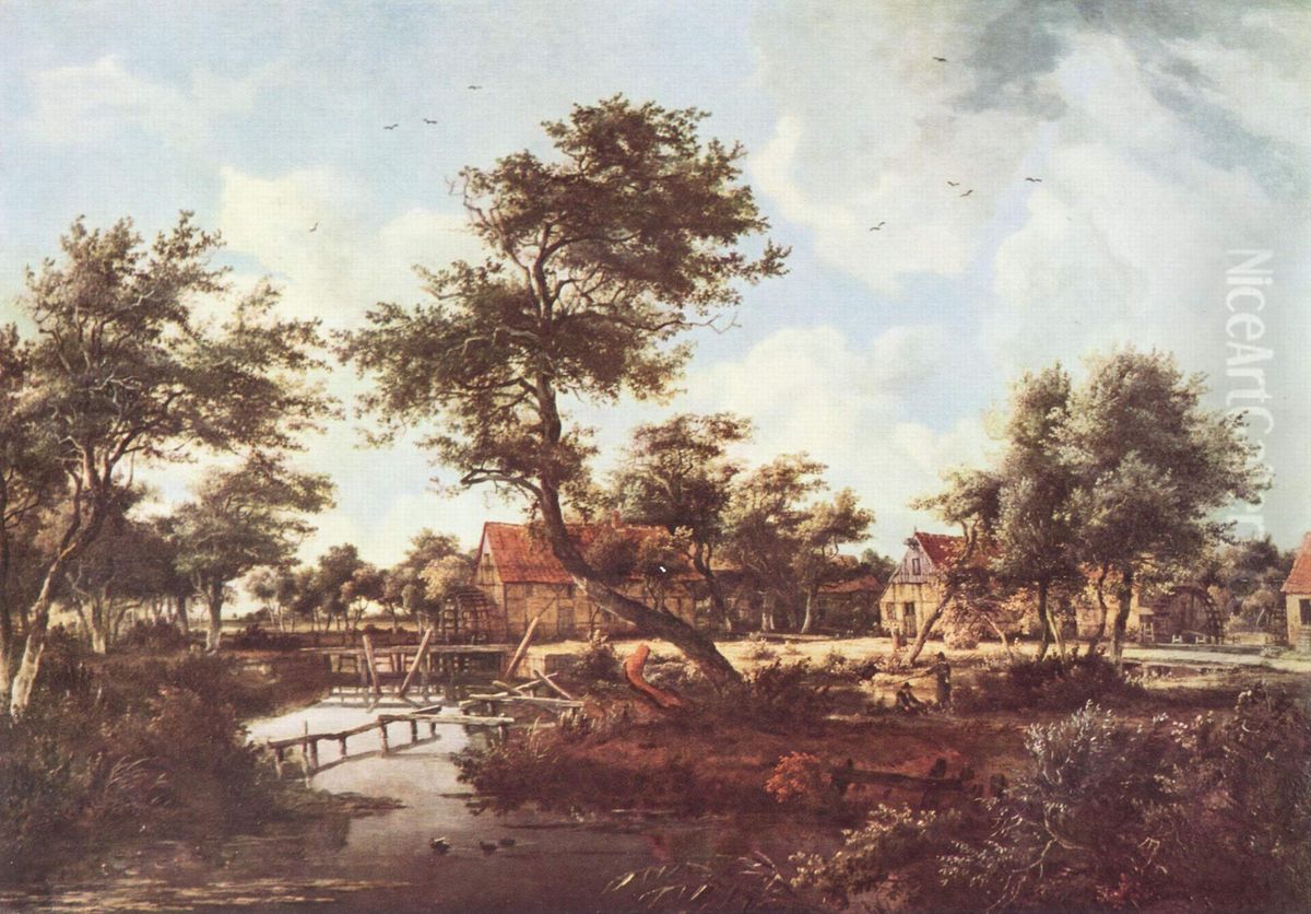 Dorf mit den Wassermuhlen Oil Painting by Meindert Hobbema