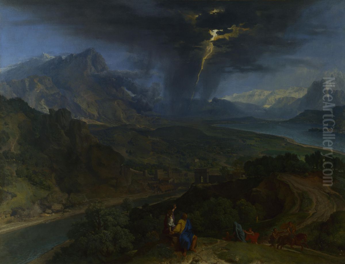 Mountain Landscape with Lightning. Oil Painting by Francisque Millet
