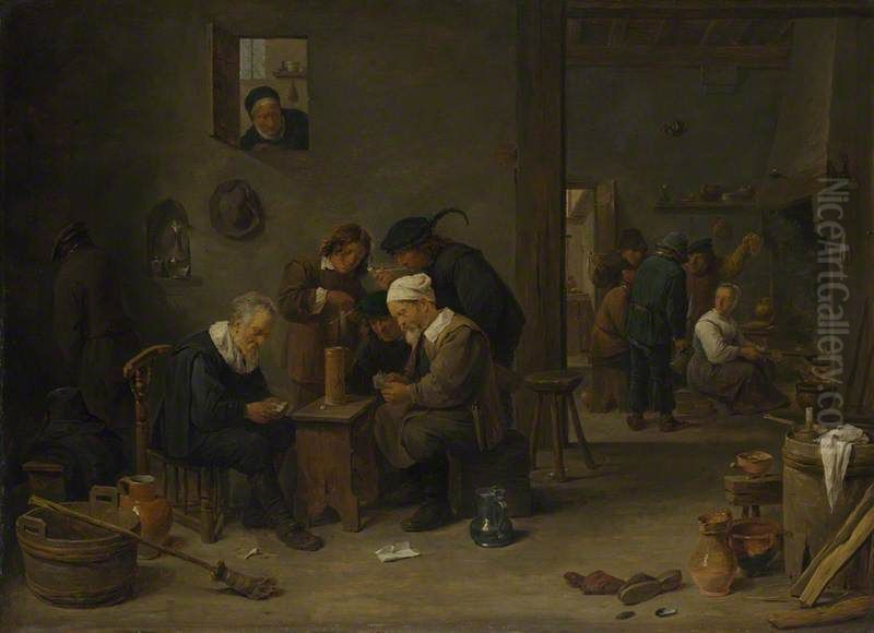 Two Men playing Cards in the Kitchen of an Inn Oil Painting by David Teniers the Younger