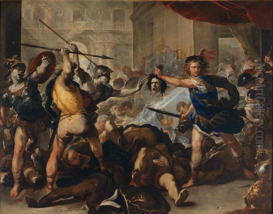 Perseus Turning Phineus and his followers to Stone Oil Painting by Luca Giordano