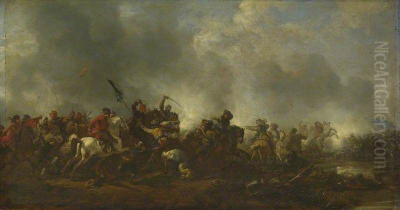 Cavalry attacking Infantry Oil Painting by Philips Wouwerman