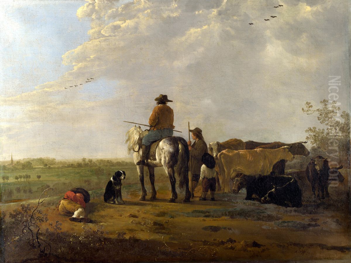 A Landscape with Horseman, Herders and Cattle Oil Painting by Aelbert Cuyp