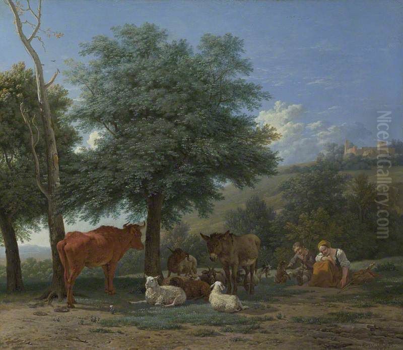 Farm Animals with a Boy and Herdswoman Oil Painting by Karel Dujardin