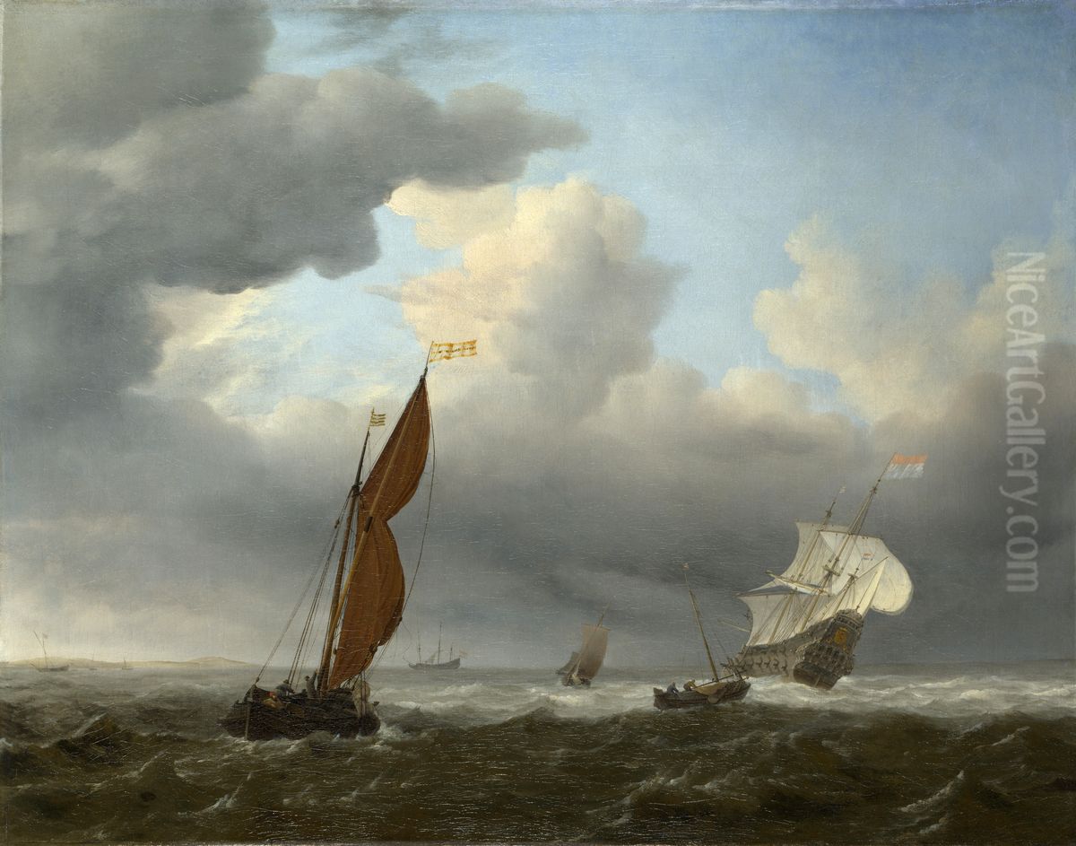 A Dutch Ship and Other Small Vessels in a Strong Breeze Oil Painting by Willem van de Velde the Younger