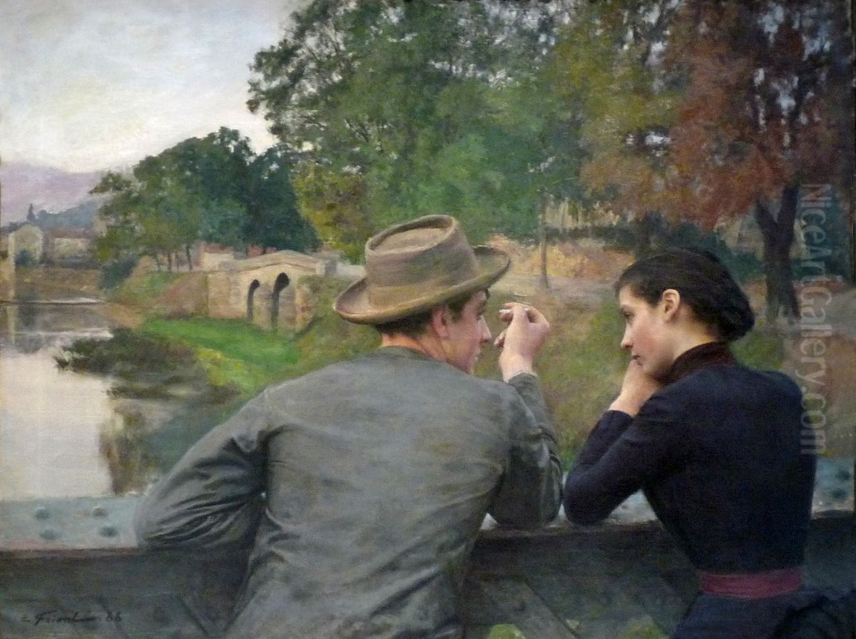 Les Amoureux (Soir d'automne, Idylle sur la passerelle) Oil Painting by Friant Emile