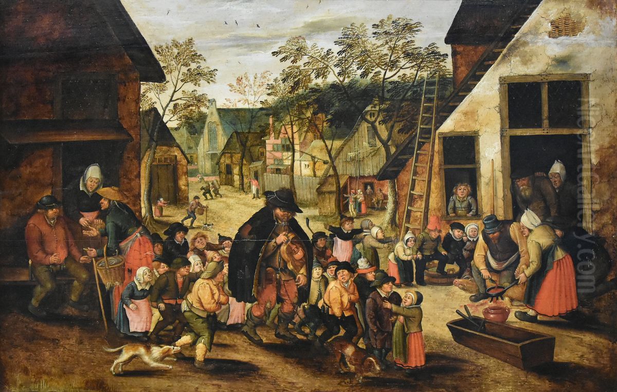 Dorpsstraat met muzikant (De liereman) Oil Painting by Pieter Brueghel the Younger