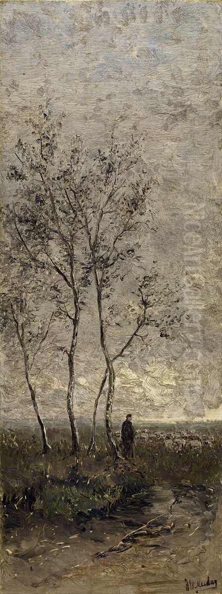 Landschap met berken Oil Painting by Hendrik Willem Mesdag