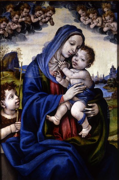 Madonna and Child with Infant Saint John the Baptist, Angels Circling Above Oil Painting by Filippino Lippi