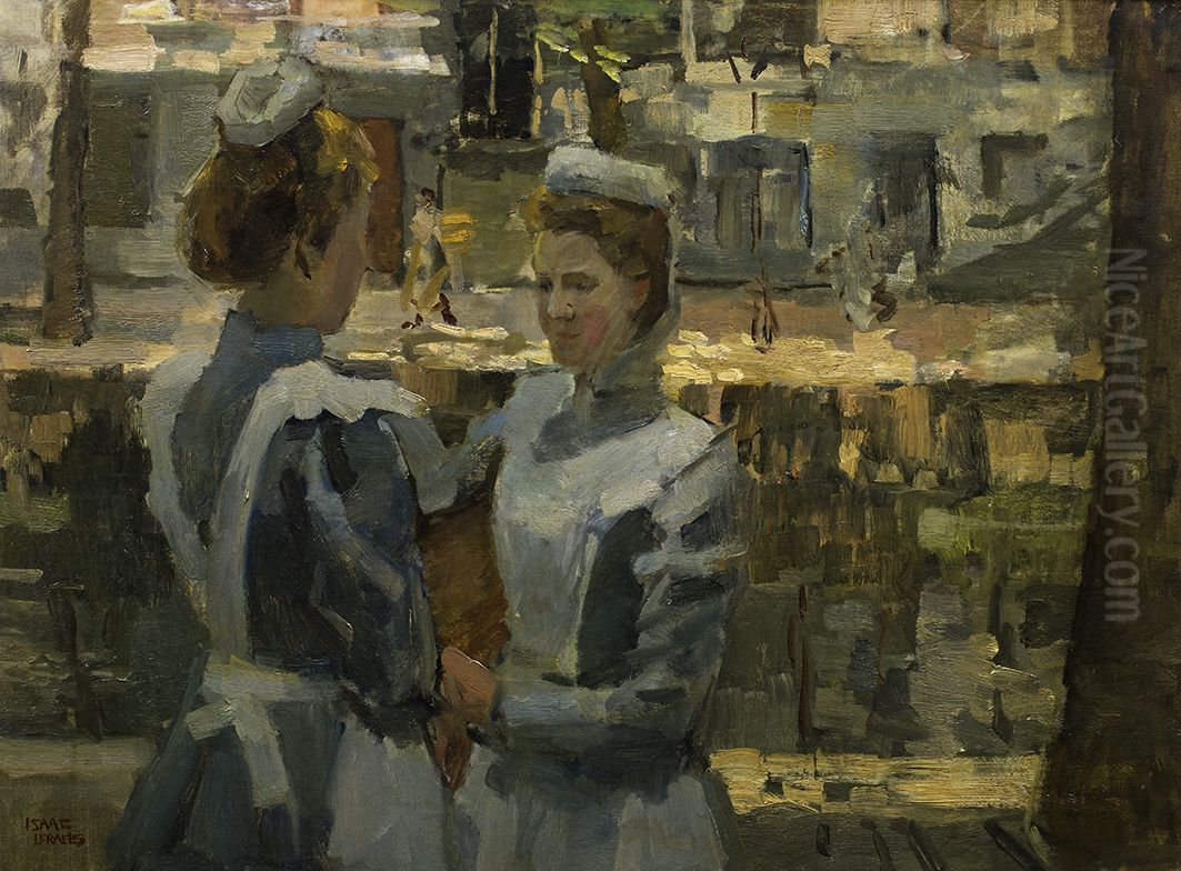 Two maids on a canal in Amsterdam Oil Painting by Isaac Lazarus Israels