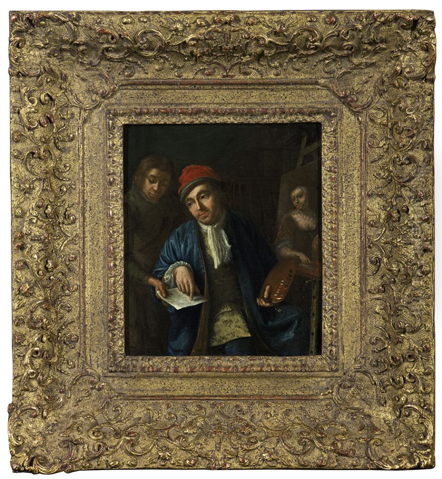 Portrait of de schilder Jan Abel Wassenbergh, echtgenoot van Johanna van Oyen, vader van de schilderes, een portret van zijn dochter schilderend (?) Oil Painting by Elisabeth Geertruida Wassenbergh