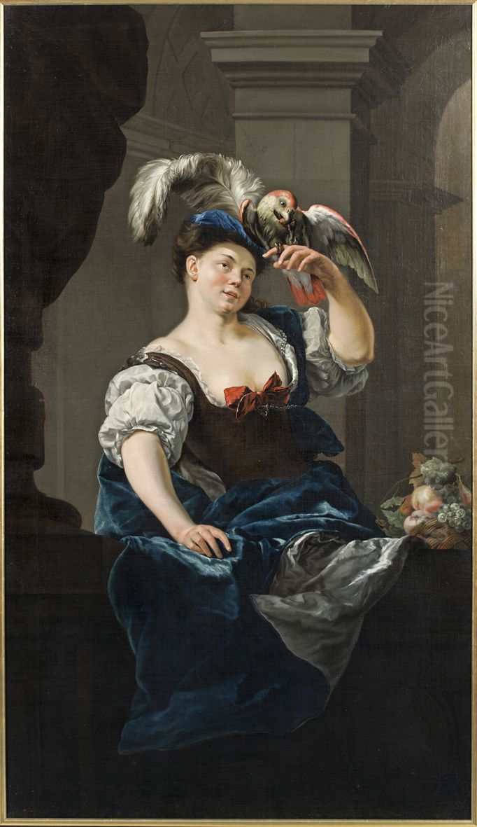 Dame met papegaai Oil Painting by Jan Abel Wassenbergh I