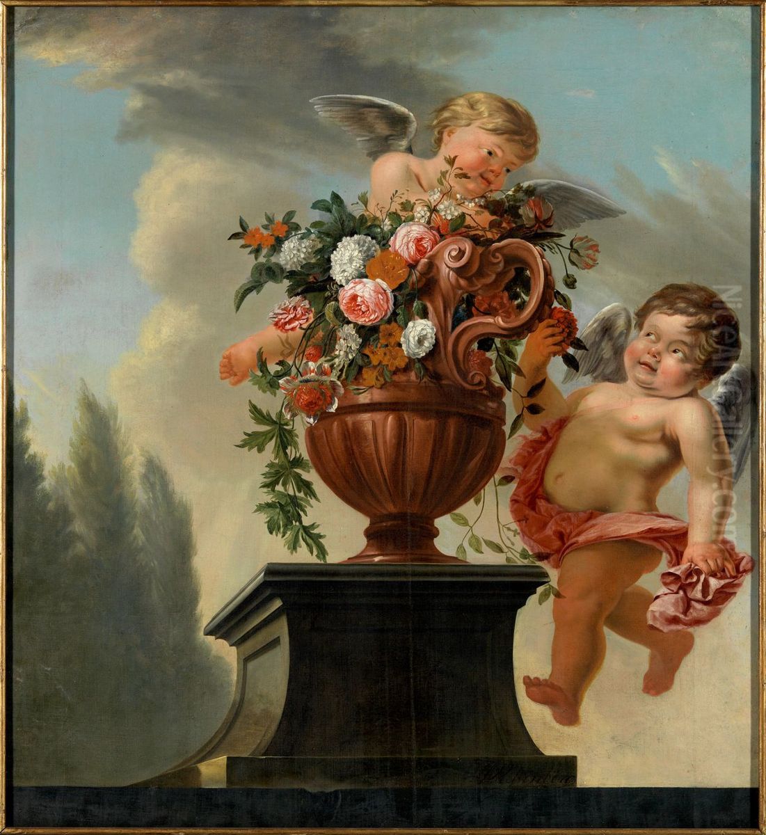 Putti met vaas en bloemen, Oil Painting by Jan Abel Wassenbergh I