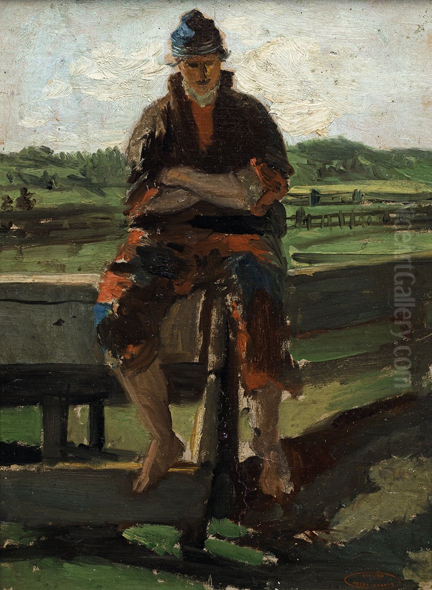 Op hek zittende jongen, Oil Painting by Jozef Israels