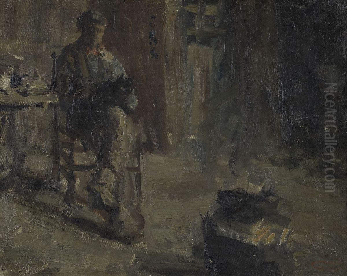 Studie van een interieur, Oil Painting by Jozef Israels